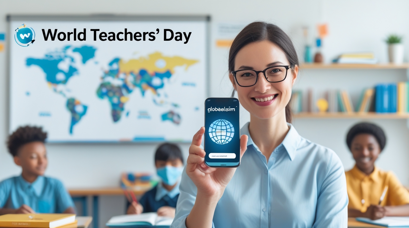 World Teachers' Day 2025 - teacher using smartphone with GlobaleSIM for international education conference connectivity