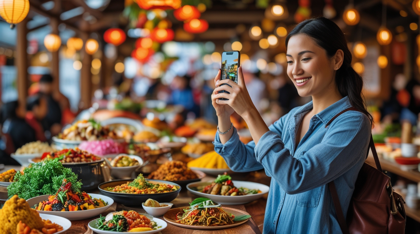World Food Day 2025 - food traveler using smartphone with GlobaleSIM to discover authentic restaurants and share culinary experiences worldwide
