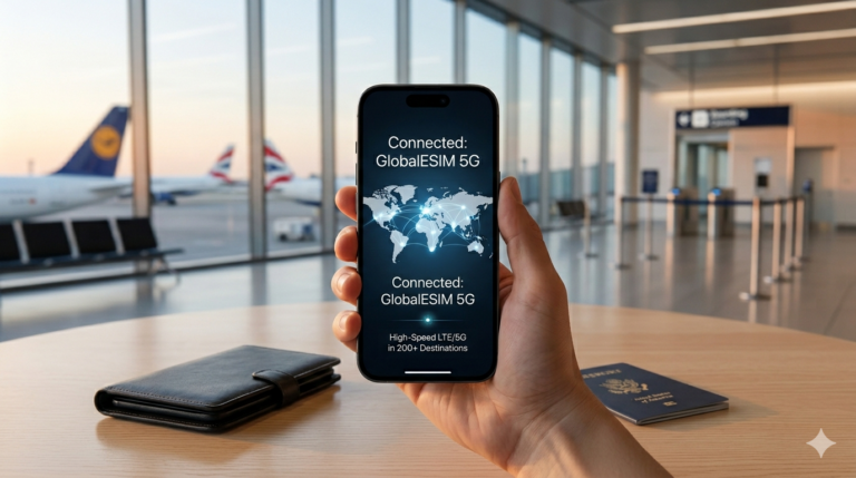 "Digital nomad connects instantly at an international airport with GlobalESIM 5G connectivity"
