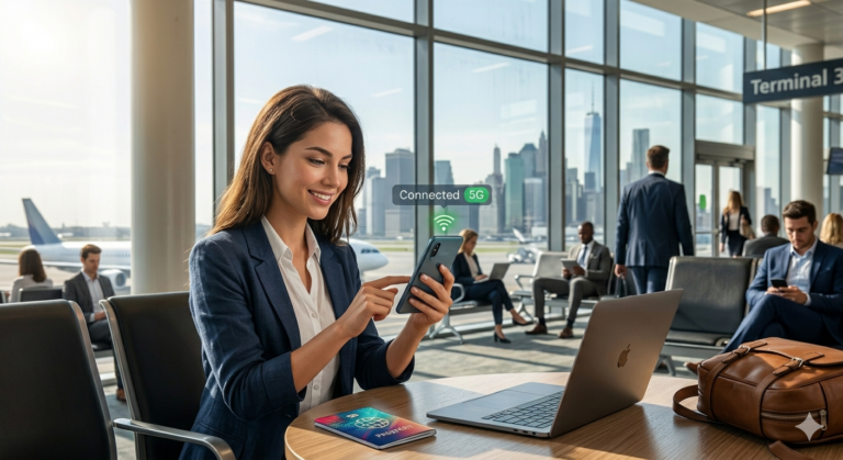 Professional traveler using Global eSIM with 5G connectivity in airport lounge
