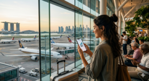 GlobalESIM traveler using 5G connectivity in Singapore airport