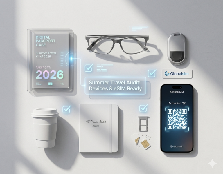 Flat lay photograph of a 2026 travel technology kit, featuring a modern smartphone displaying a prominent GlobalESIM activation QR code, smart glasses, and a removed physical SIM card, symbolizing the end of physical SIM cards and the transition to seamless digital travel connectivity.