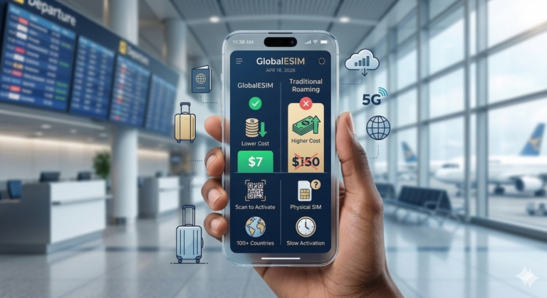 Infographic comparing GlobalESIM costs starting at $7 vs traditional roaming at $150, set in an airport background.