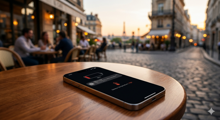 A smartphone on a cafe table in Paris showing a low battery and high temperature warning screen during travel.