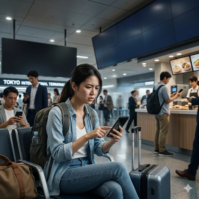Frustrated business traveler in a crowded airport facing AI connectivity failure on a standard 5G network.