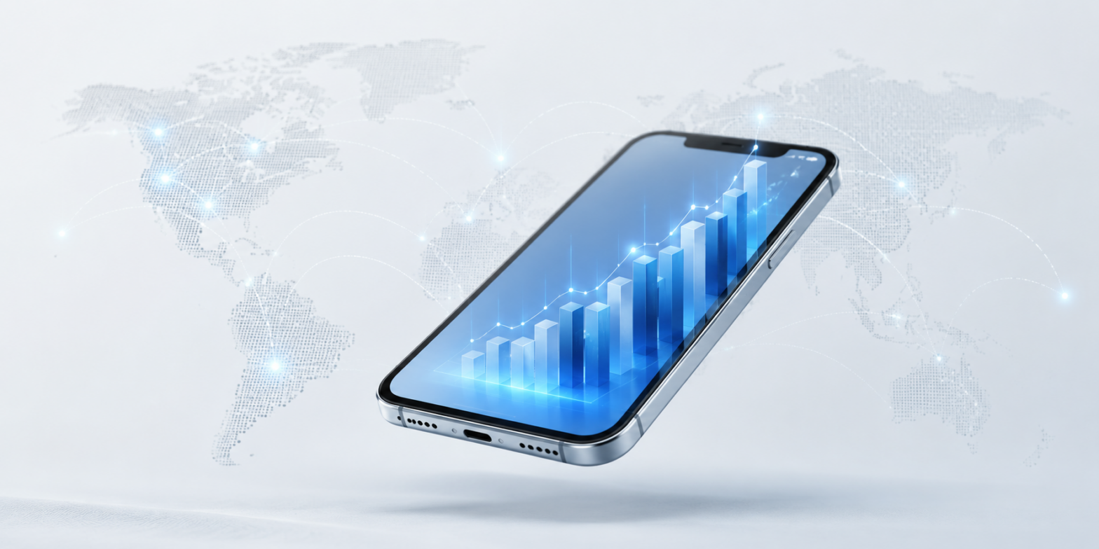A sleek smartphone floating against a minimalist light gray background. A glowing blue 3D bar chart and an upward-trending data graph emerge from the screen, symbolizing mobile data consumption and statistics. In the blurred background, a subtle dotted world map network with glowing connection points illustrates global telecommunications and international travel connectivity.