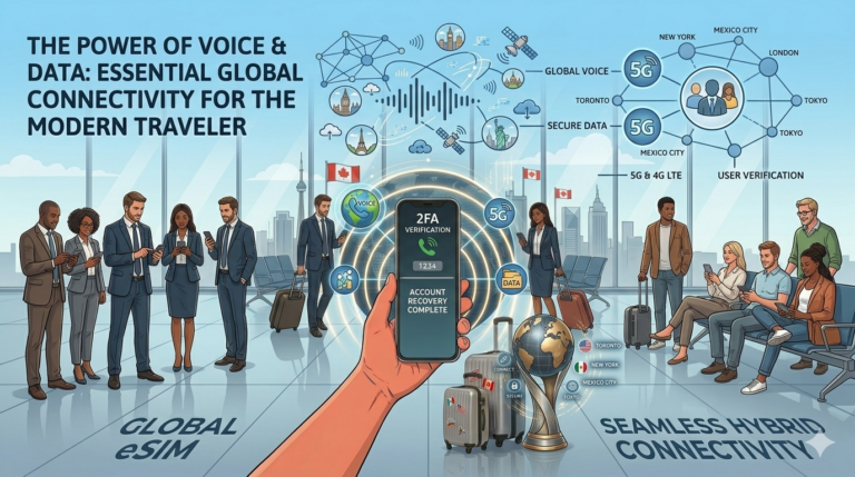 GlobalESIM dashboard illustration showing a traveler using 2FA secure network verification and VoLTE voice and data hybrid connectivity at an international airport terminal.