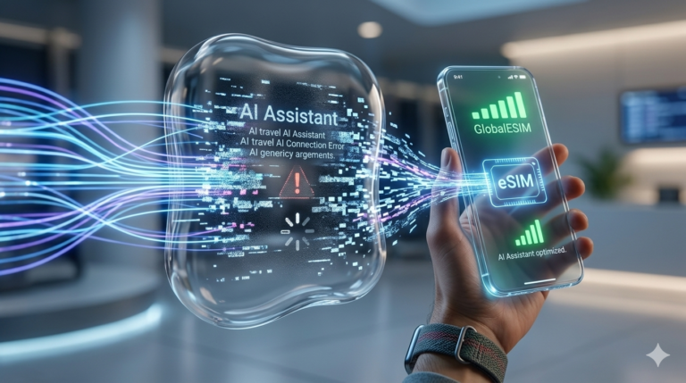 "Smartphone showing GlobalESIM interface optimizing AI travel assistant data flow to solve latency issues and connectivity gaps."