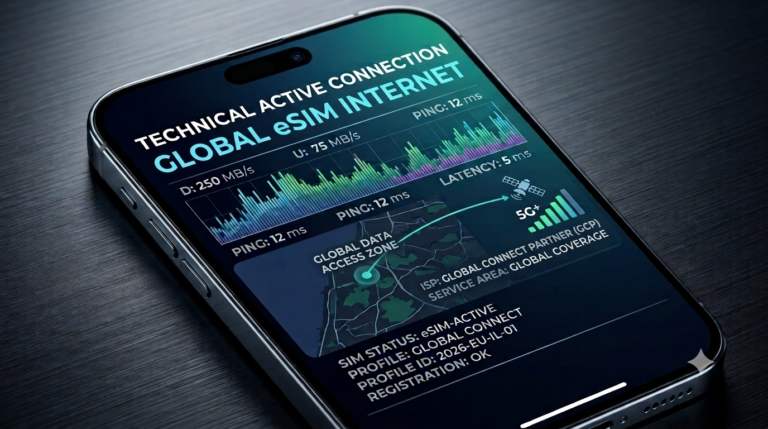 Smartphone screen showing global 5G eSIM network configuration and connectivity performance metrics.
