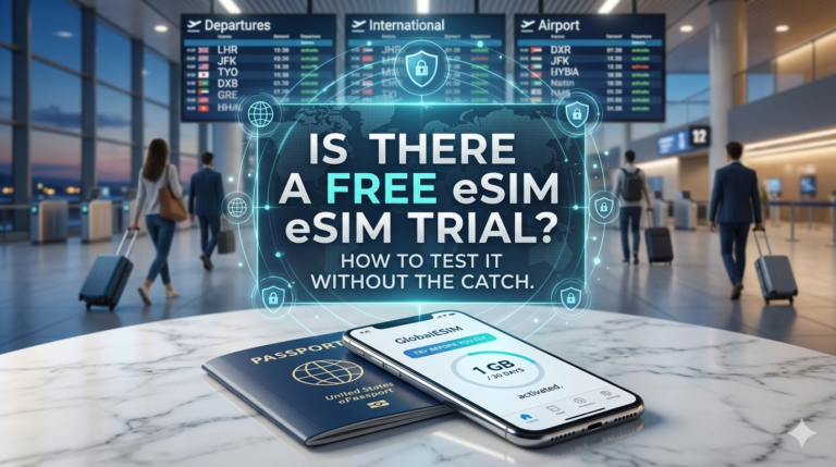 A smartphone displaying a travel eSIM data plan on a marble desk at an international airport terminal with flight boards in the background.