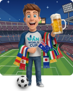 Happy football fan celebrating with stable mobile data connection during World Cup matches