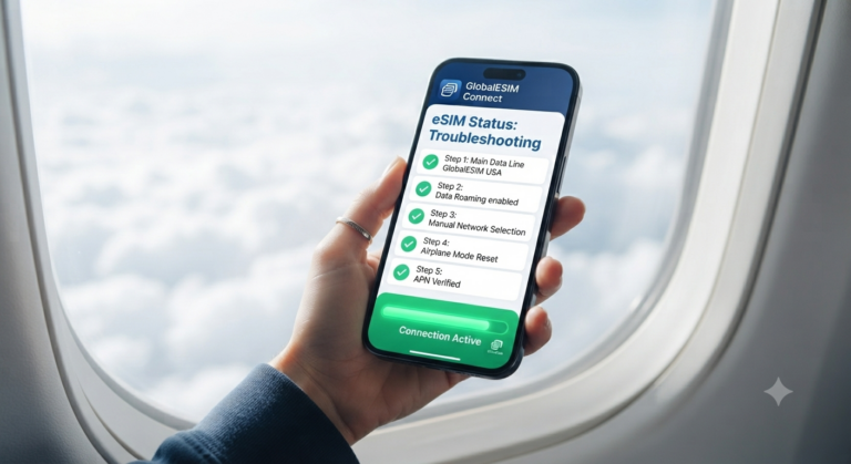 Close-up of a smartphone screen displaying an eSIM management app with a 5-step troubleshooting checklist for connection issues, with an airplane window and clouds in the background.