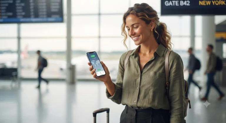 Happy traveler using GlobalESIM app for international data connectivity in a modern airport terminal.