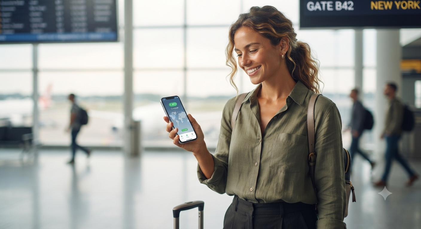 Happy traveler using GlobalESIM app for international data connectivity in a modern airport terminal.
