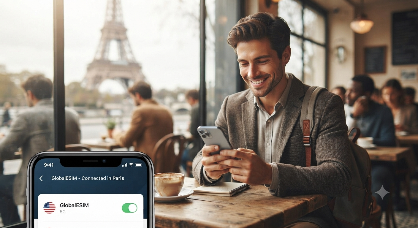 A smiling digital nomad working remotely in a charming Paris cafe, using his smartphone to show the 'GlobalESIM 5G' connectivity screen with the Eiffel Tower blurred in the background."