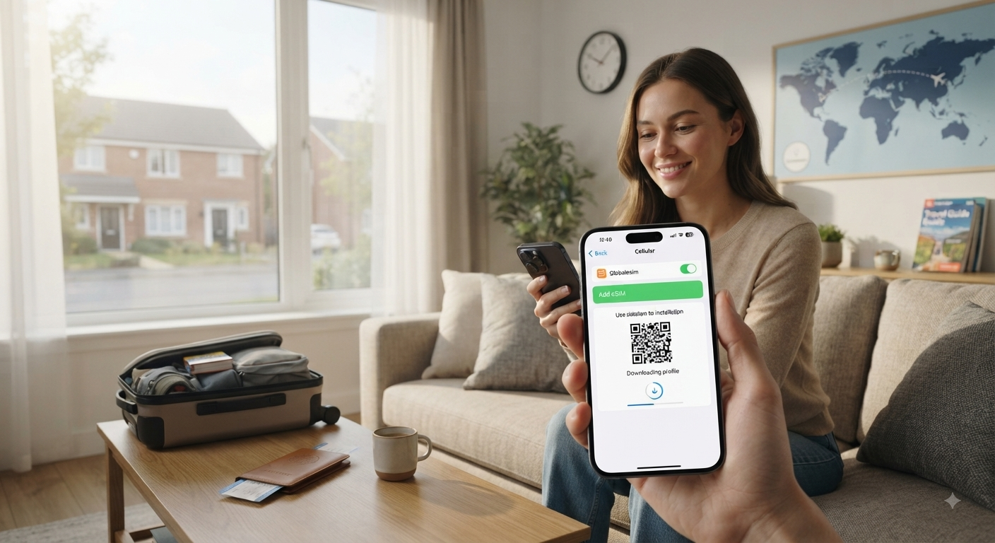 First-person closeup of a hand holding a smartphone displaying a cellular settings screen with a QR code for downloading a Globalesim eSIM profile. In the blurred background, a smiling woman sits in a home living room next to an open suitcase, a passport, and a boarding pass on a coffee table, illustrating stress-free travel preparation.