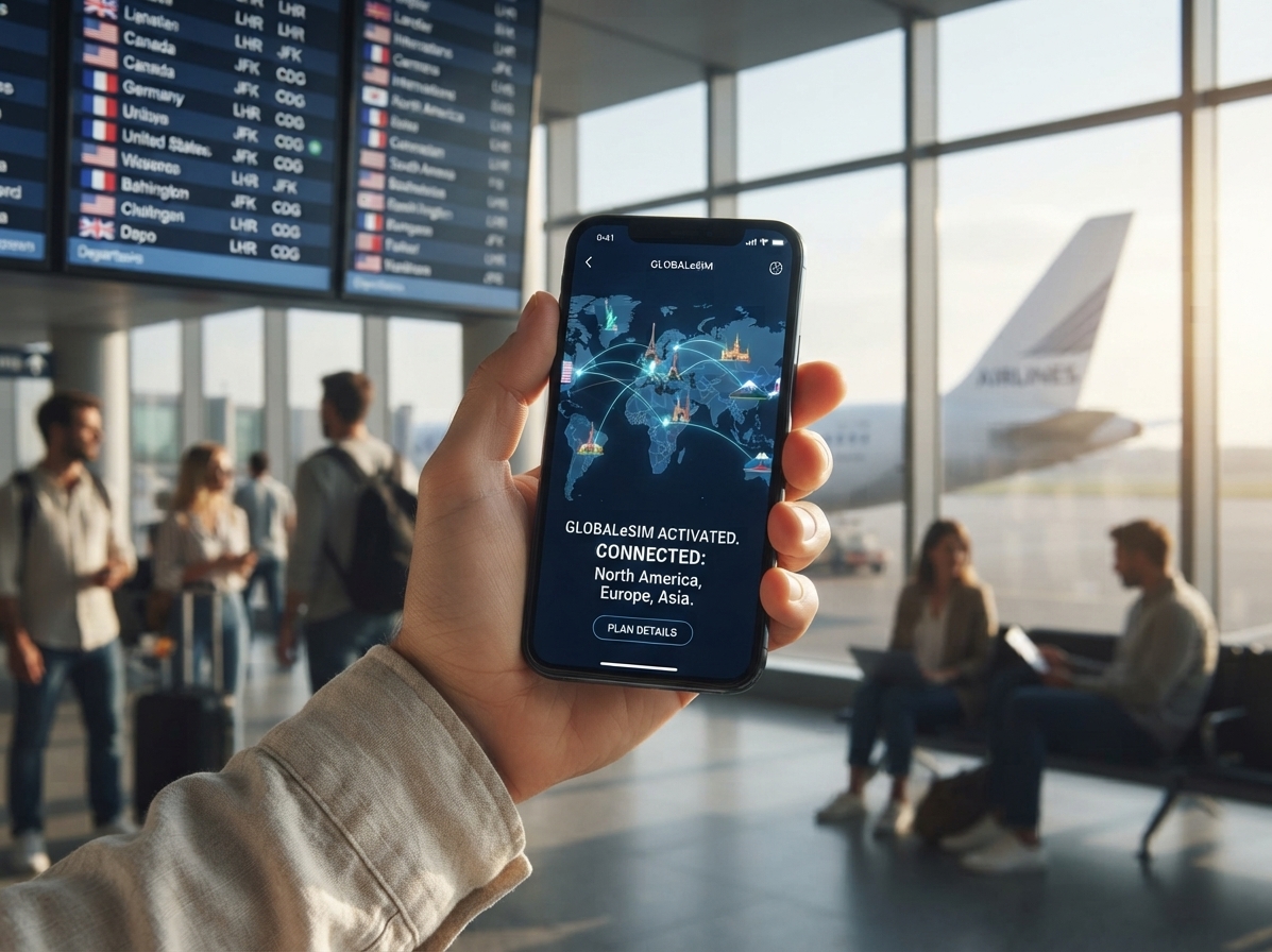Traveler at the airport holding a smartphone showing an active Globalesim multi-country plan connecting North America, Europe, and Asia.