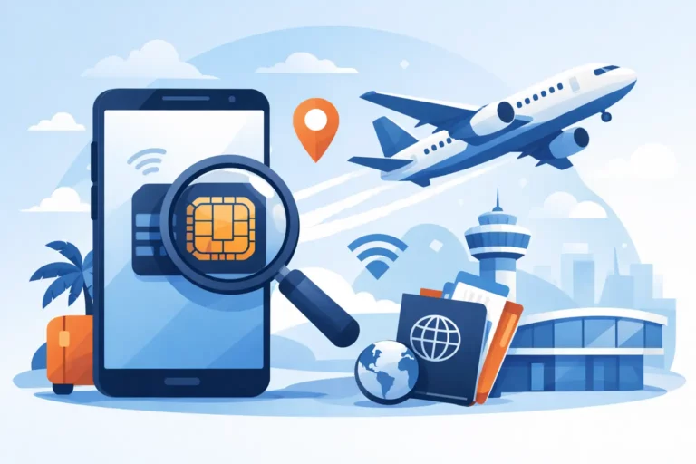 Smartphone with a magnifying glass over a SIM chip icon, symbolizing the process of checking eSIM compatibility before traveling.