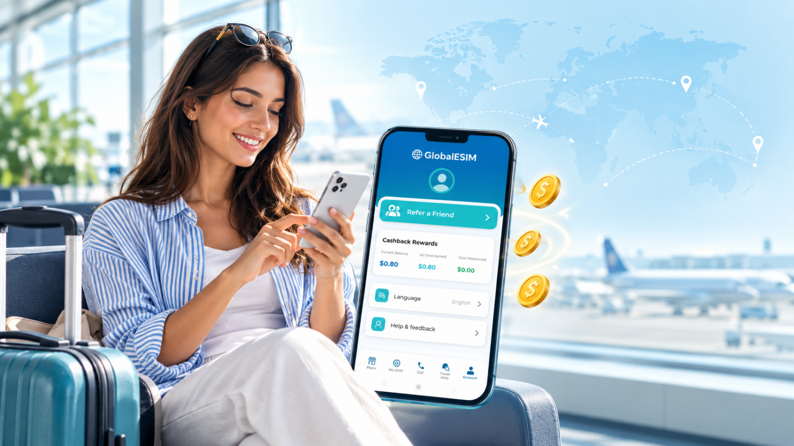 באנגלית (אם האתר באנגלית): A smiling woman at the airport using the GlobalESM app showing loyalty program and cashback rewards.